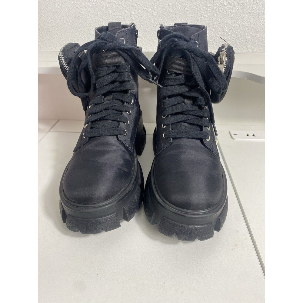 Steve Madden Thora-P Black Nylon Lace-Up Combat Ankle Lug Boots Women's 8